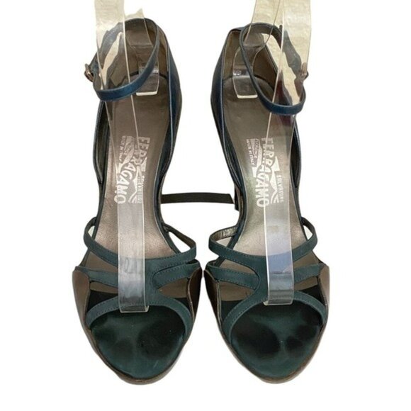 Salvatore Ferragamo Leather Metallic Gray and Teal Ankle Strap Heels Size 7.5 - Picture 3 of 6